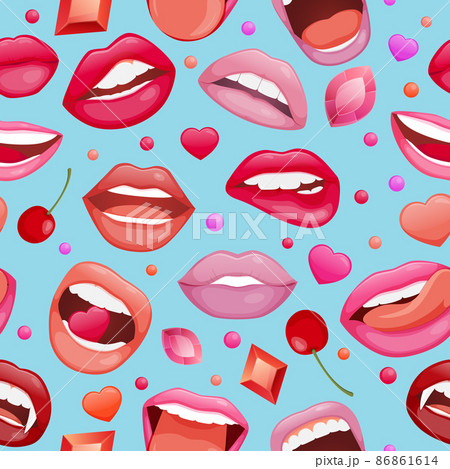 Seamless pattern with womans lips. Glossy smiling mouth that kiss and show tongue, teeth. Pop art style lips 86861614