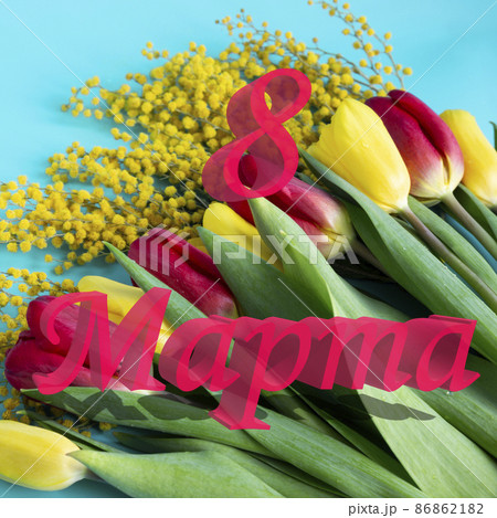 bouquet of yellow-red flowers of tulip and mimosa, copied space and text on March 8 in Russian. Banner for a seasonal holiday, spring concept, International Women's Day bouquet of yellow-red flowers of tulip and mimosa, copied space and text on March 8 in Russian. Banner for a seasonal holiday, spring concept, International Women's Day 86862182