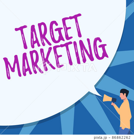 Text sign showing Target Marketing. Conceptual photo Market Segmentation Audience Targeting Customer Selection Man Drawing Hand In Pocket Holding Megaphone With Large Speech Bubble. 86862262