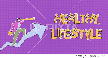 Conceptual display Healthy Lifestyle. Word for Live Healthy Engage in physical activity and exercise Man Drawing Holding Graph Arrow Showing Business Growth. 86862333