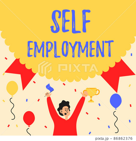 Text sign showing Self Employment. Word for working for oneself as a freelance or the owner of a busines Man Holding Trophy Celebrating Performance Surrounded With Balloons. 86862376