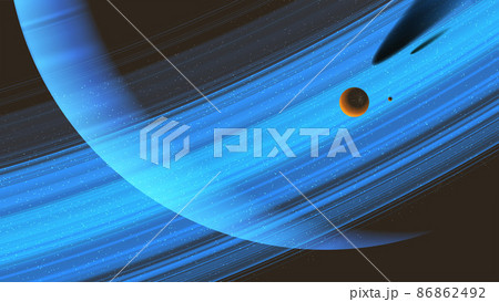 a giant ring planet with an orbiting moon. a giant ring planet with an orbiting moon. 86862492