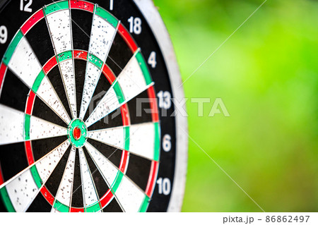 dartboard closeup with blur bokeh of forest background for objective business target, dart board sport and business concept 86862497