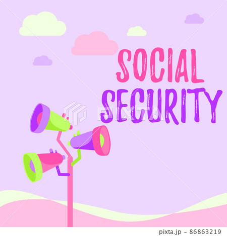 Text sign showing Social Security. Conceptual photo assistance from state showing with inadequate or no income Pole Megaphones Drawing Making Announcement To An Open Space. 86863219