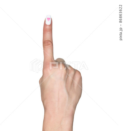 Pointing gesture. Female hand shows index finger with rose triangle manicure. Symbol of lesbian, gay, bisexual, transgender and queer pride isolated on white background. Pointing gesture. Female hand shows index finger with rose triangle manicure. Symbol of lesbian, gay, bisexual, transgender and queer pride isolated on white background. 86863622