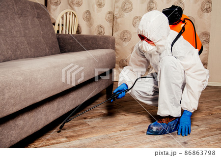 An exterminator in work clothes sprays pesticides with a spray gun. Fight against insects in apartments and houses. Disinsection of the premises An exterminator in work clothes sprays pesticides with a spray gun. Fight against insects in apartments and houses. Disinsection of the premises 86863798