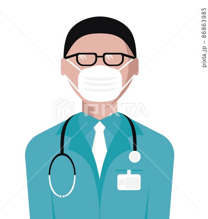 A doctor with a face mask and a stethoscope in a green apron A doctor with a face mask and a stethoscope in a green apron 86863985