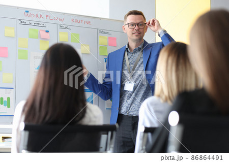 The coach in office standing at the blackboard teaches women The coach in office standing at the blackboard teaches women 86864491