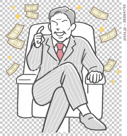 A middle-aged man who is a rich businessman who talks proudly with his legs crossed, and a dancing bill 86864749