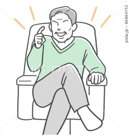 ソファに足を組んで座り自慢気に話す中年男性のイラスト素材