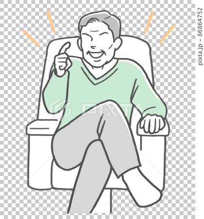 A middle-aged man sitting on the couch with his legs crossed and talking proudly 86864752