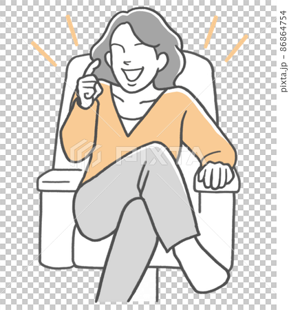 A woman sitting on the sofa with her legs crossed and talking proudly 86864754