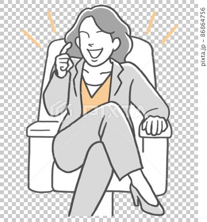 A business person woman who sits on the sofa with her legs crossed and speaks proudly 86864756