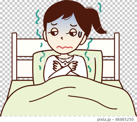 一個面色蒼白的年輕女子，她上床睡覺，渾身發冷。 86865250