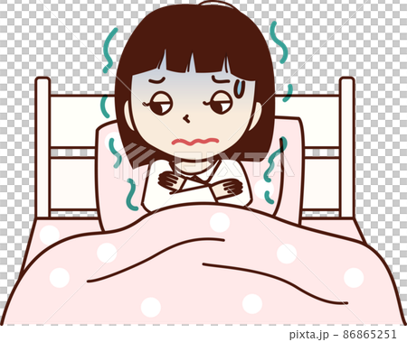 一個面色蒼白的年輕女子，她上床睡覺，渾身發冷。 86865251