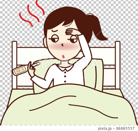 A young woman with a fever who goes to bed and has a thermometer. 86865557
