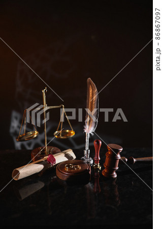 Last will and rings in notary office. Death and legacy concept. Top view. Last will and rings in notary office. Death and legacy concept. Top view. 86867097