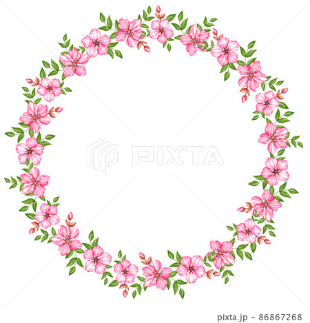 Watercolor round cherry blossom wreath on white background 86867268
