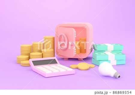 Safe, coins, banknotes and calculator. business saving. 86869354