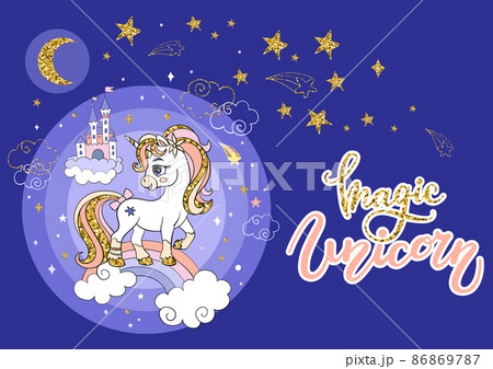 Golden sparkle cartoon unicorn on blue background 86869787