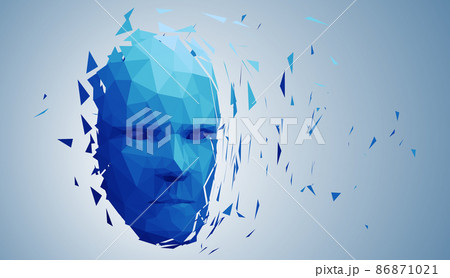 Human head, low poly style 3d vector wireframe object broken into different particles. 86871021