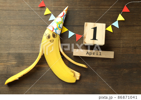 Concept of April Fool's Day on wooden table 86871041