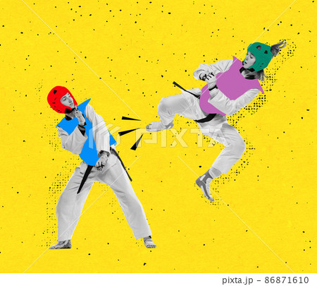 Dynamic portrait of two young women, taekwondo practitioners training together isolated over yellow neon background. Creative collage 86871610