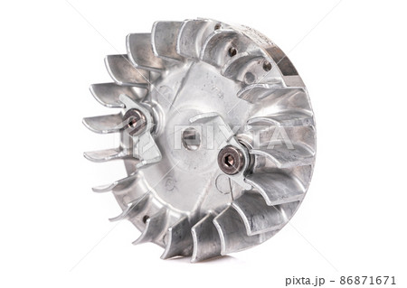 new modern aluminum flywheel for a chainsaw on a white isolated background 86871671