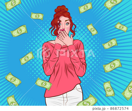surprised woman face shocking with close mouth by hands and Falling Down Money 86872574