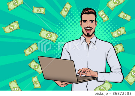 Smiling success bearded businessman hold laptop and Falling Down Money Smiling success bearded businessman hold laptop and Falling Down Money 86872583