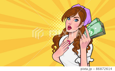 woman holding money looking and wondering 86872614