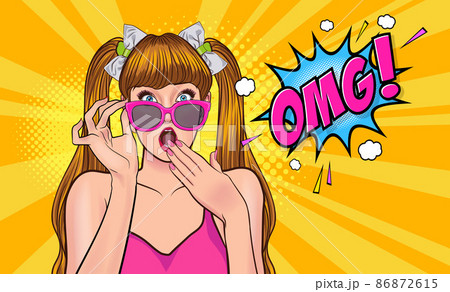 surprised young woman hand touch glasses looking something 86872615