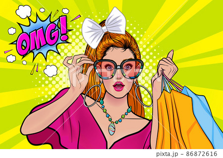 Surprised woman with glasses holding shopping bags 86872616
