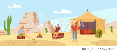 Vacation in desert camp with travelers in campsite, flat vector illustration. Vacation in desert camp with travelers in campsite, flat vector illustration. 86872977