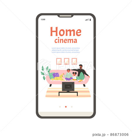 Home cinema and streaming TV onboarding screen, flat vector illustration. Home cinema and streaming TV onboarding screen, flat vector illustration. 86873006