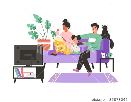 Parents And Child Watching Tv At Home Flat のイラスト素材