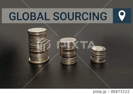 Text showing inspiration Global Sourcing. Business idea practice of sourcing from the global market for goods Coins Pile Over The Table Presenting Financial Plans 86873522