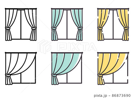 シンプルな線のかわいい窓 両開きと片開きのカーテン イラスト素材セットのイラスト素材