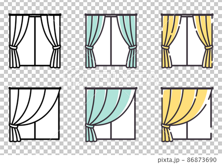 シンプルな線のかわいい窓 両開きと片開きのカーテン イラスト素材セットのイラスト素材