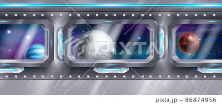 Space ship interior, vector spacecraft window view, corridor inside future station, alien planet Space ship interior, vector spacecraft window view, corridor inside future station, alien planet 86874956