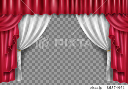 Red stage curtain, vector theatre velvet drapery illustration, luxury opera frame on transparent Red stage curtain, vector theatre velvet drapery illustration, luxury opera frame on transparent 86874961