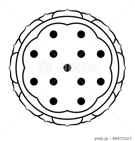 Mouth of the lotus. Symbol of a lotus seed head, with 13 seeds in the pericarp, two eight petaled lotus flowers are emerging from it, representing phenomenal world Samsara, and noumenal world Nirvana. 86875027