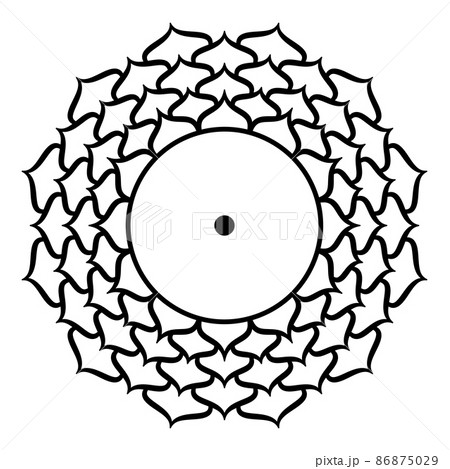 Sahasrara, Crown chakra, meaning thousand-petalled. Seventh chakra, located on the top of the head. Highest spiritual centre, and pure consciousness. Lotus with 1000 petals, and a bindu in the center. 86875029