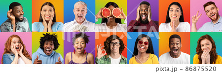 Happy excited shocked young and old european and african american guys and ladies with open mouths 86875520