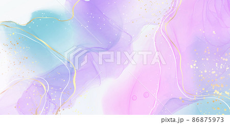 Violet cyan blue liquid watercolor background with golden stains. Teal mauve purple marble alcohol ink drawing effect. Vector illustration design template for wedding invitation, menu, rsvp Violet cyan blue liquid watercolor background with golden stains. Teal mauve purple marble alcohol ink drawing effect. Vector illustration design template for wedding invitation, menu, rsvp 86875973