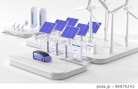 Electric and hydrogen filling station with future car, wind turbines, solar panels, battery and tank containers. Isometric illustration fuel cell vehicle, emission eco friendly transport, 3d render 86876242