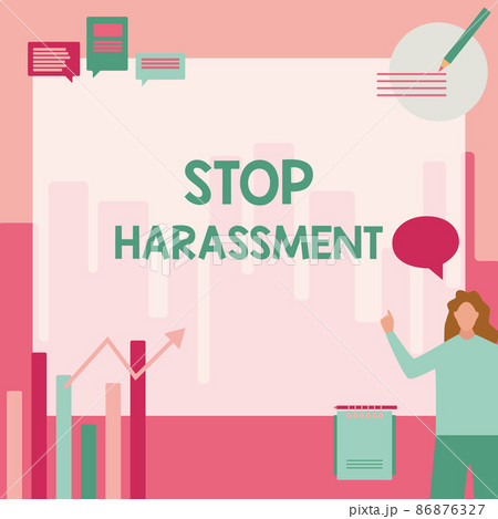 Text showing inspiration Stop Harassment. Word for Prevent the aggressive pressure or intimidation to others Businesswoman Casual Standing Presenting Charts And New Wonderful Ideas. Text showing inspiration Stop Harassment. Word for Prevent the aggressive pressure or intimidation to others Businesswoman Casual Standing Presenting Charts And New Wonderful Ideas. 86876327