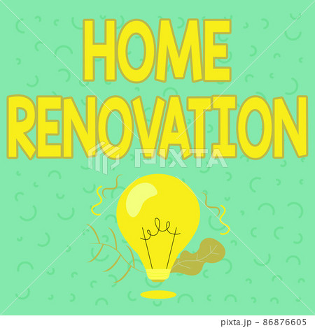 Handwriting text Home Renovation. Business idea process of renovating or making additions to one s is home Illuminated Light Bulb Drawing Plants Shell Showing Technology Ideas. 86876605