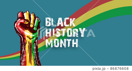 Black history month horizontal banner with protest raised fist colored in African flag isolated on background. Black history month horizontal poster, flyer with black mans fist 86876608