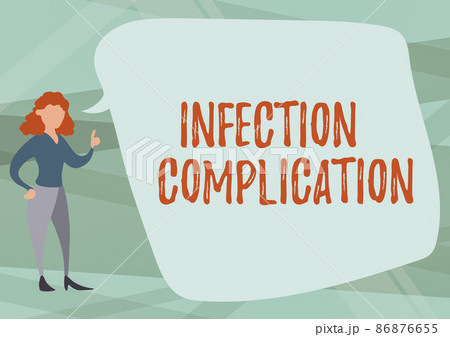 Text sign showing Infection Complication. Word for unwanted reaction resulted from an immunosuppression Illustration Of Woman Speaking In Chat Cloud Discussing Ideas. 86876655